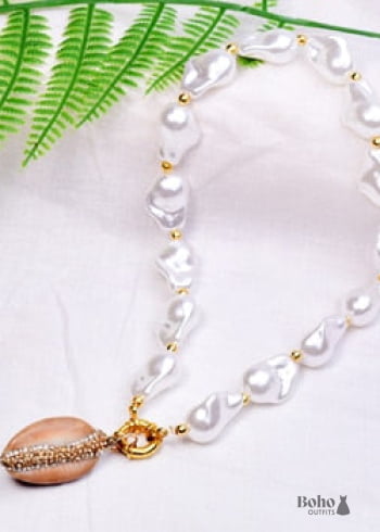 Boho Necklace, White Peal Sea Shell